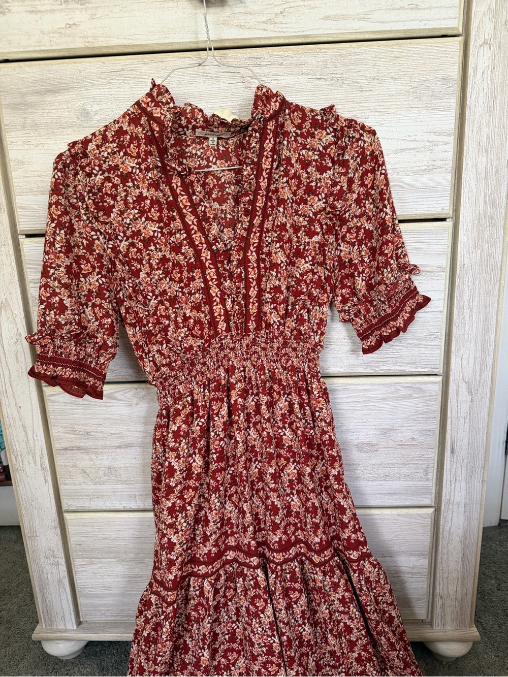 Max Studio Red Floral Smocked Waist Maxi Dress